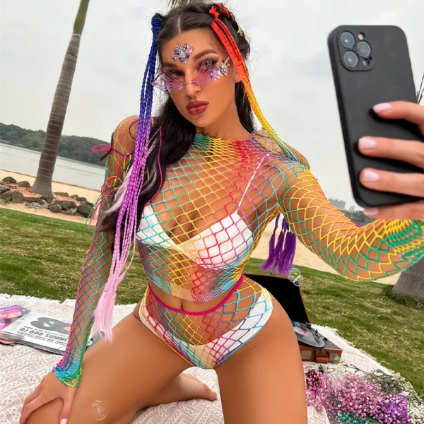 Erotic Sex Costume Womens Lingerie Cosplay Rainbow Two-piece Set Bodysuit Fantasia Sexys Feminina Erotic Sheer Underwear Set - Image 5