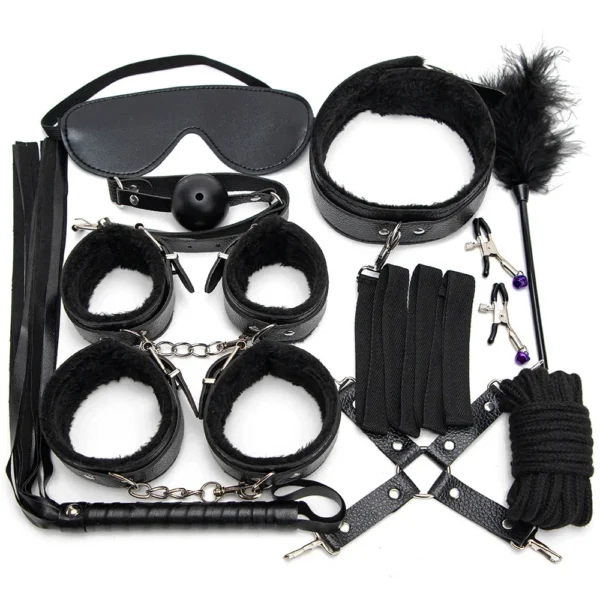 Sexy Leather BDSM Kits Handcuffs Nipple Clamps Whip Spanking Plush Sex Bondage Set Handcuffs Sex Games Sex Toys for Women Men - Image 3
