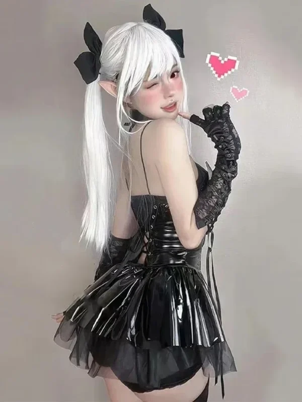 PU Leather Halter Neck Straps Bat Devil Short Mini Dress Women Sexy Lingerie Halloween Cosplay Punk Gothic Costume - Image 2