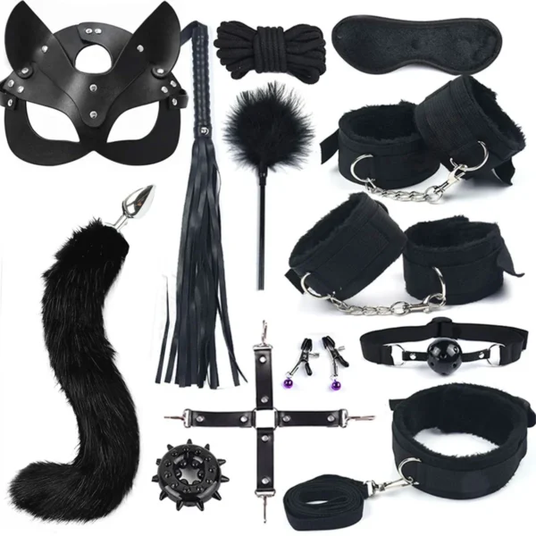 13pcs Black Wolf set sex toy couple sex toy Handcuffs Leather whip nipple clip tail anal plug couple toy - Image 2