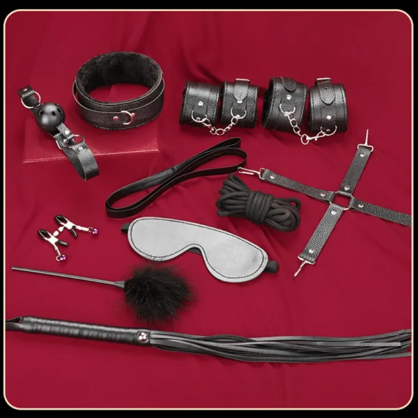 Blindfold 10Pcs/Set Sexual Bondage Handcuff Whip Adult Couple Sex Toys Tools Set Erotic Sex Toys For Adult Leather BDSM Kits - Image 2