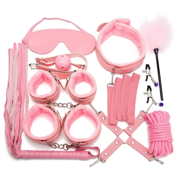Sexy Leather BDSM Kits Handcuffs Nipple Clamps Whip Spanking Plush Sex Bondage Set Handcuffs Sex Games Sex Toys for Women Men