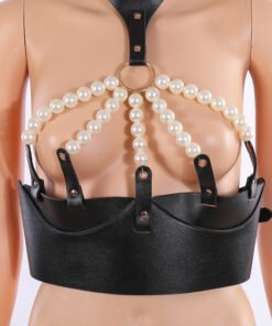 Nightclub Performance Props Leather Pearl Bra Bondage Top
