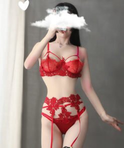 Alternative view of Sexy Lingerie Ladies Water-Soluble Flower One-Piece Three-Point Suit Bra Panty Garter Hollow Temptation