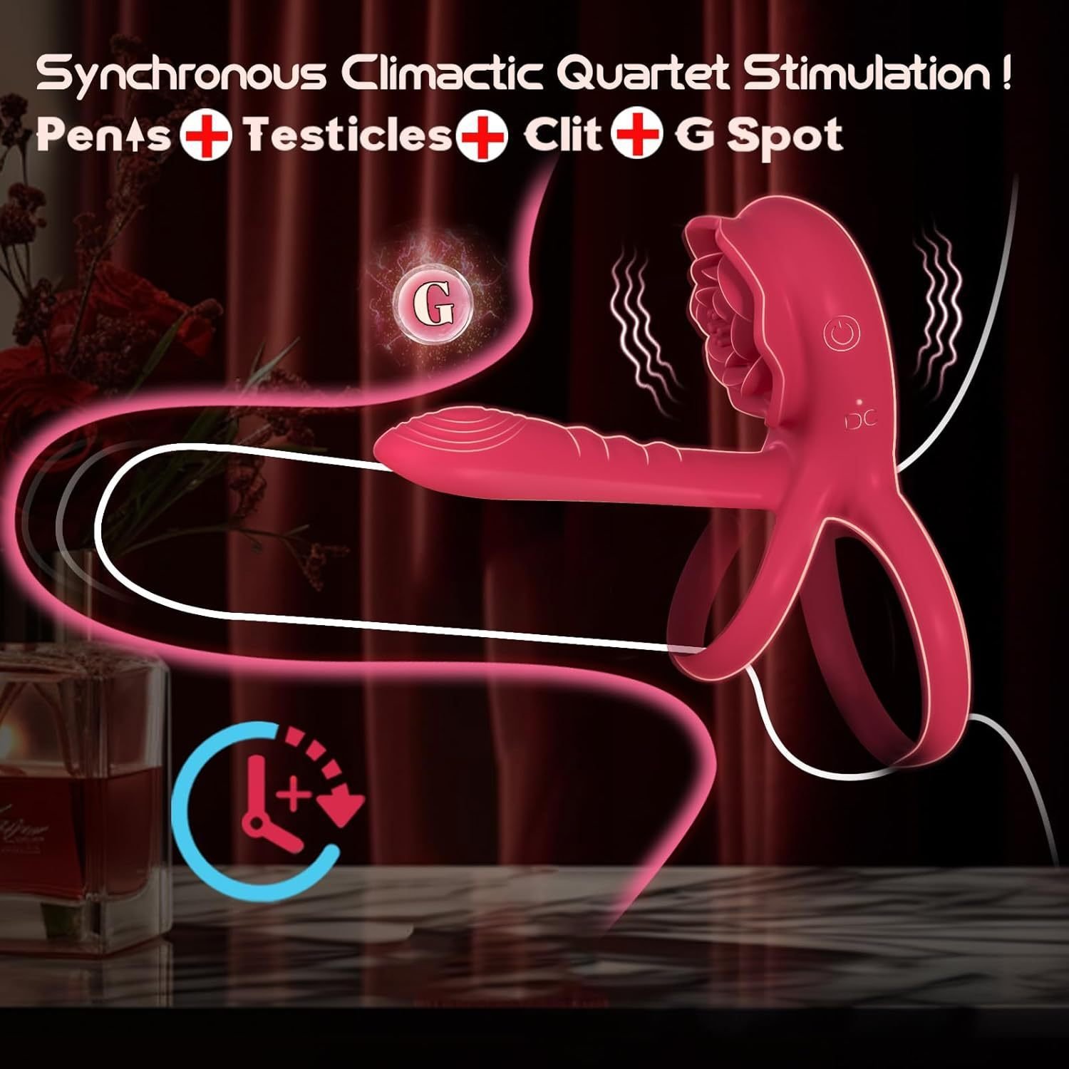 Double Vibrating Cock Ring With Rose Clitoral Stimulator - Image 6