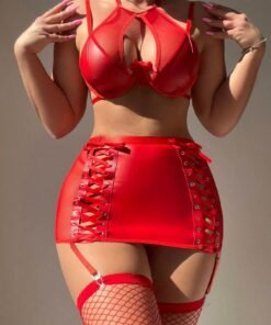 Alternative view of European And American Sheer Mesh Leather Stitching Sexy Black Strap Split Sexy Lingerie Suit